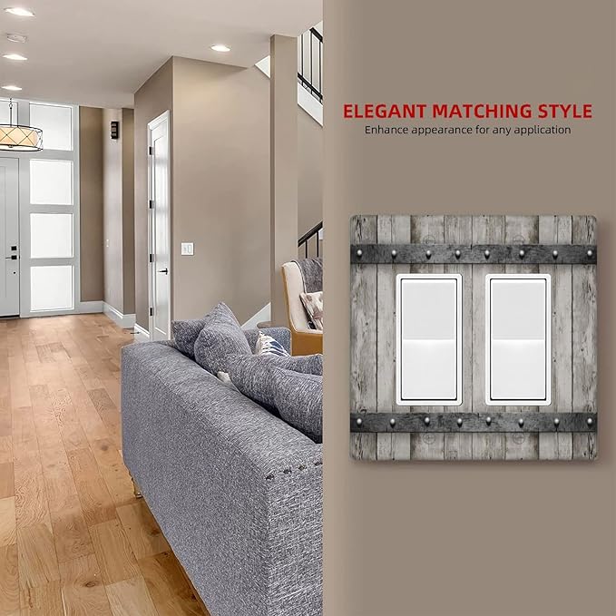Country Rustic Double Rocker/Decora Light Switch Cover Decorative 2 gang Wall Plate GFCI Electrical Outlet Cover Vintage Farmhouse faceplate for Home Bathroom Bedroom Kitchen （Plastic ）