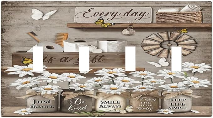 Rustic Daisy Flower Butterfly Inspirational Cottage Light Switch Covers Quad Toggle Electrical Faceplate 4 Gang Wall Plate Decorative Switch Plates Cover for Farmhouse Bedroom Decor