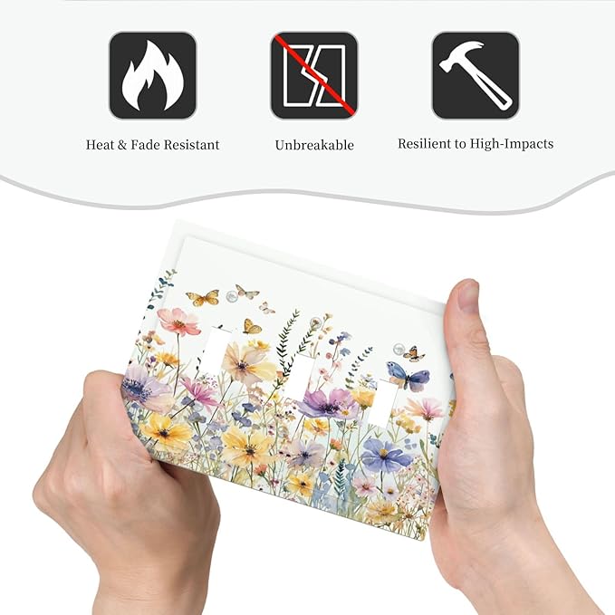 Wildflowers Colorful Flower Butterfly Floral Decorative Switch Plates 3 Gang Wall Plate Triple Toggle Light Switch Cover Faceplate Electrical Wall Panels for Farmhouse Bedroom Decor