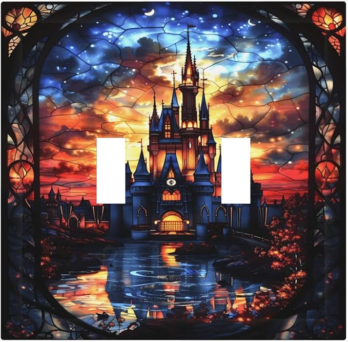 Medieval Fantasy Castle Magic Academy Decorative Switch Plates 2 Gang Double Toggle Outlet Light Switch Cover Wall Plate Electrical Faceplate for Kids Room Bedroom Decor