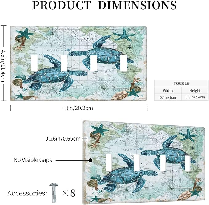Light Switch Covers Nautical Green Sea Turtles Beach Blue Ocean Quad Toggle Electrical Faceplate 4 Gang Wall Plate Decorative Switch Plates For Bathroom Kids Room Decor