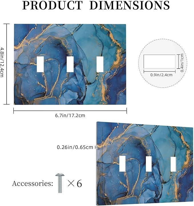 Blue Marble Triple Toggle Light Switch Cover Decorative 3 Gang Wall Plates Modern Ombre Watercolor Ink Art Electrical Faceplate for Decor Bathroom Kitchen Bedroom