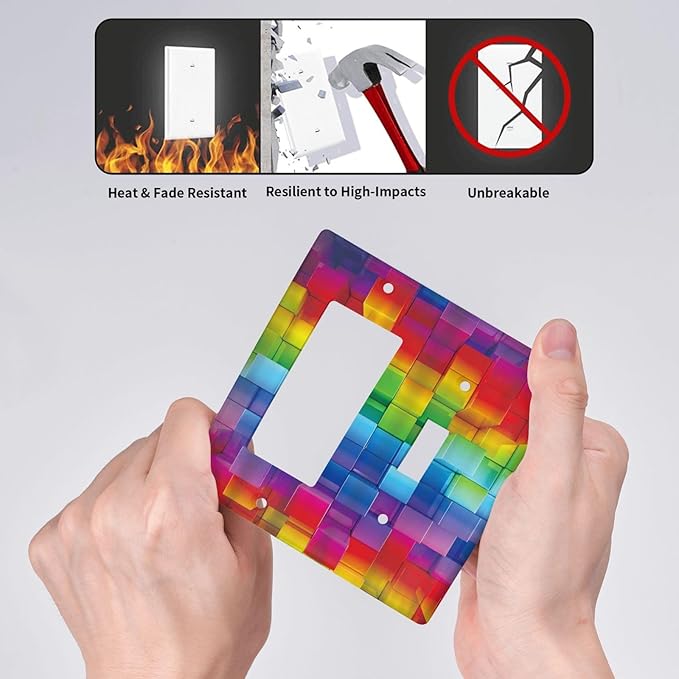 3D Colorful Rainbow Wall Abstract Squre Shaped 2 Gang Single Toggle Rocker Combination Light Switch Cover Unique Decorative Wall Plate Cover Electrical Faceplate Switchplate for Bedroom Decor