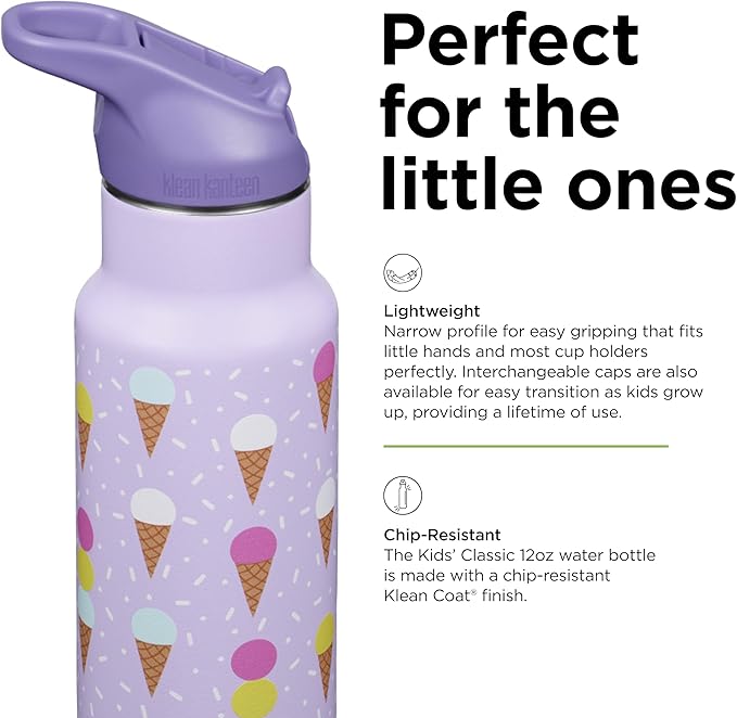Klean Kanteen 12 oz Classic Kid's Insulated Water Bottle with Flip Seal Sport Cap - 100% Leakproof Cap - BPA-Free - Stainless Steel Material - Ice Cream