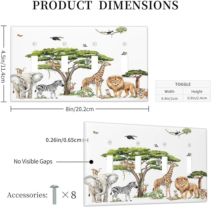 Large Animals Elephant Giraffe Jungle Lion Leopard Zebra Light Switch Covers Quad Toggle Electrical Faceplate 4 Gang Wall Plate Decorative Switch Plates Cover for Kids Room Nursery Decor