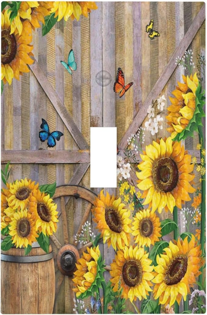 Rustic Sunflower Barn Door Country Wood Plank 1 Gang Light Switch Covers Decorative Single Toggle Wall Plate Switchcover Electrical Switchplate for Farmhouse Bathroom Bedroom Decor