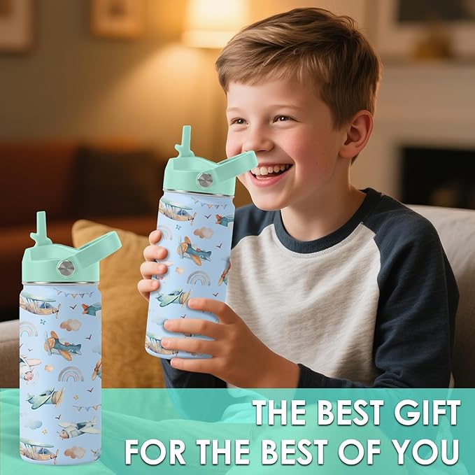 Airplane Gifts - 16oz Kids Blue Airplane Water Bottle with Straw Lid, Stainless Steel Insulated Tumbler, Leakproof, BPA-Free, for Boys, School, Travel - Helicopter Pilot Lovers Birthday Gift Cup (1pc)