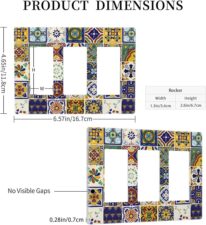 Yellow/Blue Mexican Tile Decorative Rocker GFCI Light Switch Cover 3-Gang Electrical Triple Decorator Wall Plate Kitchen Boho Mandala Floral Moroccan Tiles Switches Faceplate Cover Dimmer Screwless