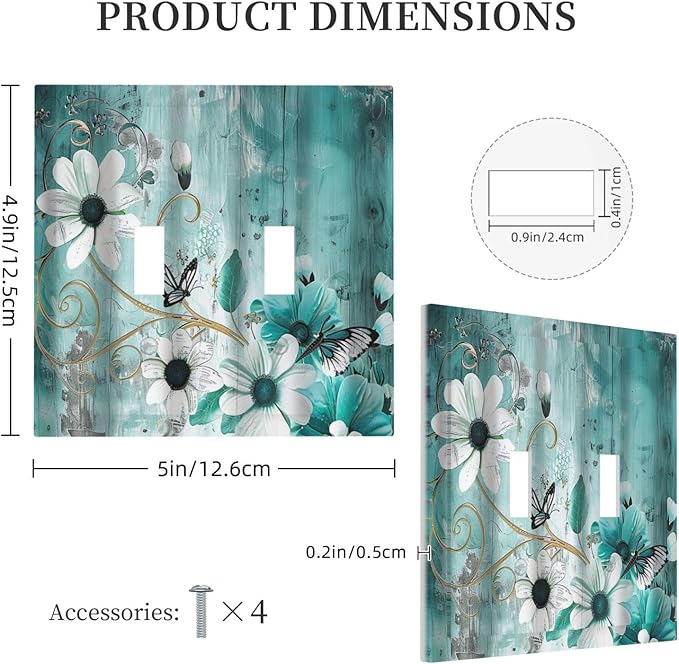 Decorative Switch Plate Covers Turquoise Flowers and Butterflies Rustic Teal White Floral 2 Gang Wall Plate Double Toggle Light Switch Cover Plate Electric Dual Device Electrical Faceplate