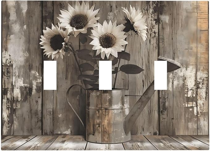 Rustic Floral Country Sunflower Daisy Old Wooden Boards Decorative Switch Plates 3 Gang Wall Plate Triple Toggle Light Switch Cover Faceplate Electrical Wall Panels for Farmhouse Home Decor