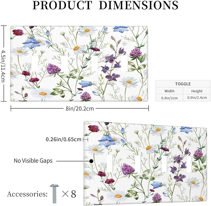 Floral Boho Multicolor Flower Plant Leaves Light Switch Covers Quad Toggle Electrical Faceplate 4 Gang Wall Plate Decorative Switch Plates Cover for Bedroom Living Room Decor