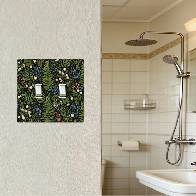 Mystical Forest Floor Double Toggle Switch Cover - 2-Gang Standard US Size Dark Botanical Fern & Berry Light Switch Covers, Cottagecore Woodland for Farmhouse Home Decor