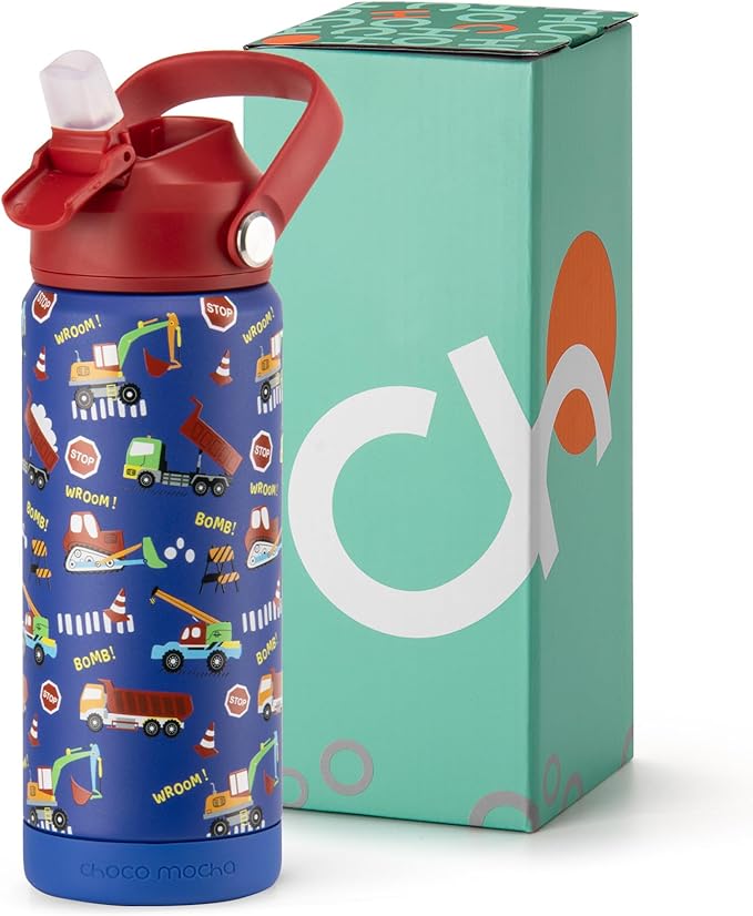 Choco Mocha Kids Water Bottle For School, Kids Insulated Construction Water Bottle Stainless Steel for Girls,18Oz Red & Blue