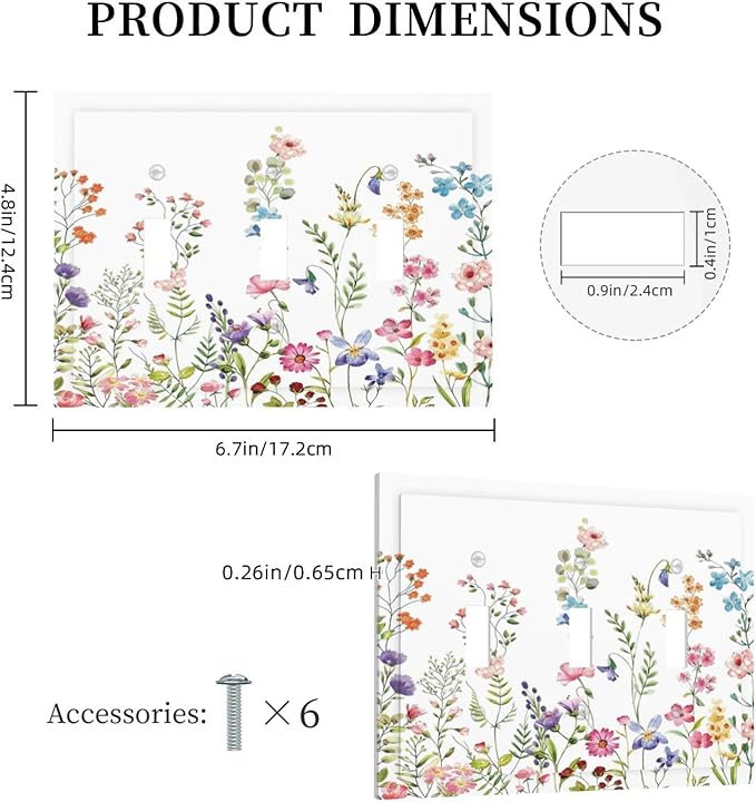 Boho Watercolor Wildflowers Floral Plants Flower Decorative Switch Plates 3 Gang Wall Plate Triple Toggle Light Switch Cover Faceplate Electrical Wall Panels for Bedroom Living Room Decor