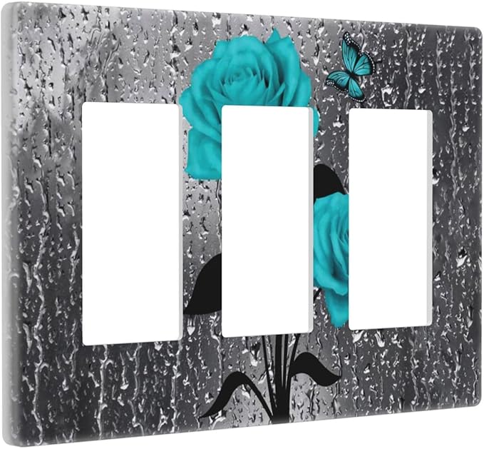Butterfly Teal Rose Flower Floral 3 Gang Triple Rocker/Decorator Light Switch Wall Plate Cover Decorative GFCI Electrical Faceplate Switchplate Dimmer