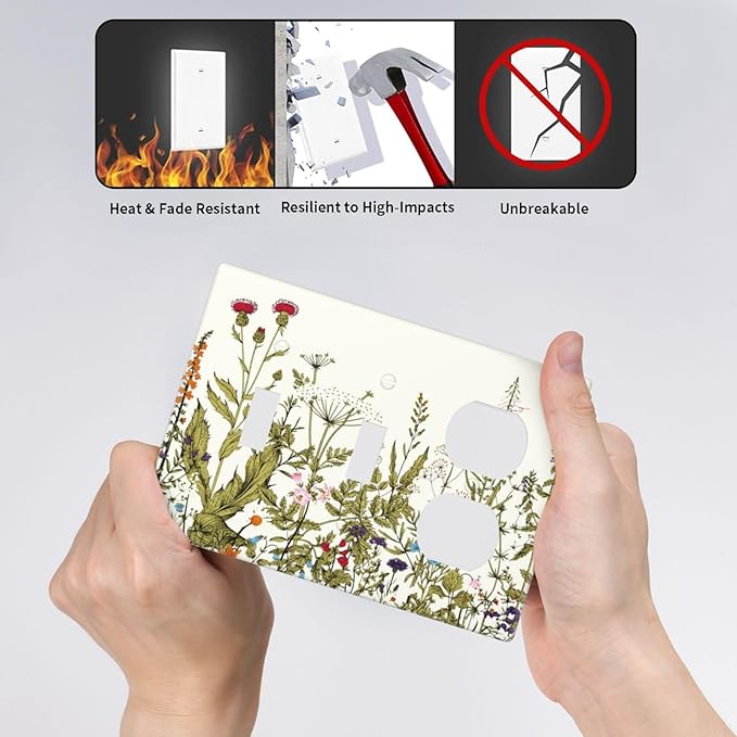 Country Vintage Rustic Flowers Floral 3 Gang 2 Toggle 1 Rocker/GFCI/Decorator Combination Outlet Light Switch Cover Beige Yellow Blossom Nature Wildflower Style Decorative Combo Switch Face Wall Plate
