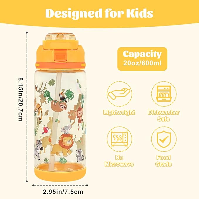 decalsweet Kids Water Bottle 20oz Durable Leak-Proof Plastic Water Cup for Kids Toddlers,With Straw Handle and Pop-Up Spout Cover,Safe for School Sports Daycare Travel & Camp