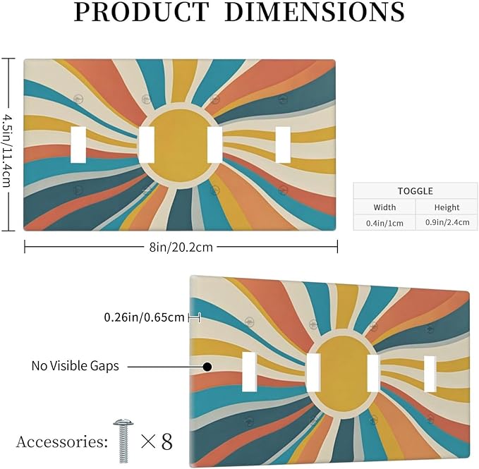 Decorative Switch Plate Cover with Retro Mid-Century Modern Sunburst Motif Design 4 Gang Artistic Wall Plate Unique Quad Toggle Light Switch Covers for Abstract Teal/Yellow/Orange Wall Decor
