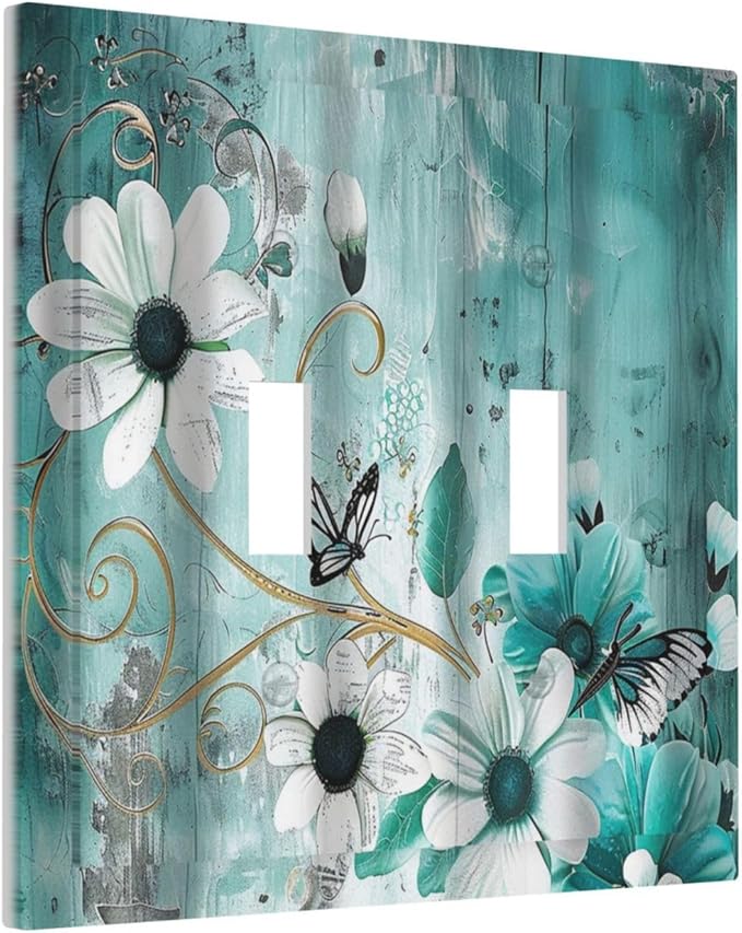 Decorative Switch Plate Covers Turquoise Flowers and Butterflies Rustic Teal White Floral 2 Gang Wall Plate Double Toggle Light Switch Cover Plate Electric Dual Device Electrical Faceplate