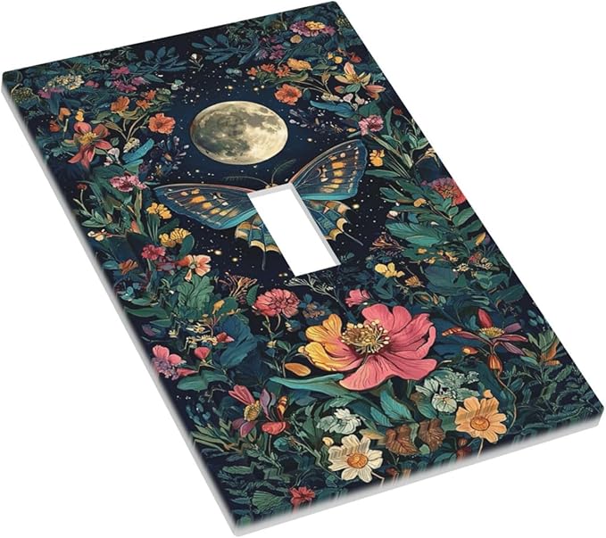 Decorative Light Switch Cover Plate Bohemian Moon Butterfly Floral 1 Gang Single Toggle Wall Plate Electrical Outlet Covers Decorate Switch Plate Cover for Bedroom Cabin Decor