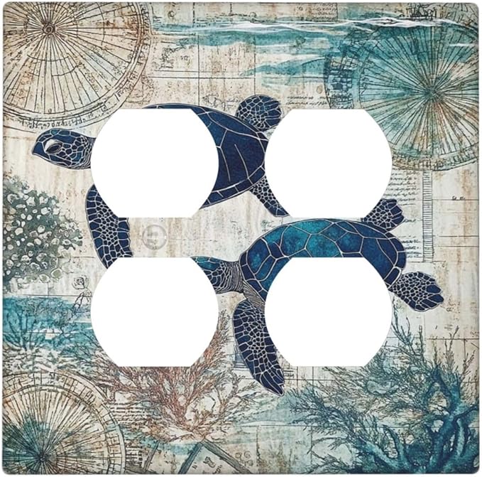 Blue Green Sea Turtle Tropical Ocean Coral Nautical Map Outlet Covers 2 Gang Double Duplex Decorative Light Switch Covers Electrical Wallplates Socket Faceplate For Bed Room Bathroom Decor
