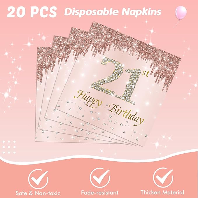 Ryzovo 41Pcs Rose Gold 21st Birthday Party Supplies: 20Pcs Plates, 20Pcs Napkins, 1Piece Tablecloth for 20 Guests - Modern, Disposable, Rose Gold 21st Birthday Theme