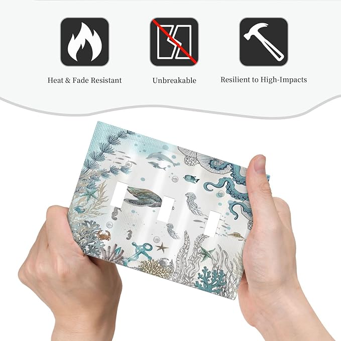 Sea Turtle Octopus Ocean Underwater Animal 3 Gang Light Switch Covers Decorative Unique Triple Toggle Wall Plate Electrical Faceplate Switchplate for Kitchen Bathroom Bedroom Home Decor