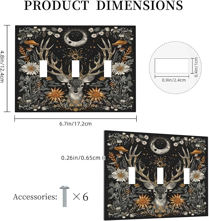 Light Switch Cover Plate Vintage Deer Flowers Moon Natural Plants Floral 3 Gang Triple Toggle Decorative Switch Plates Wall Plates Electrical Switchplate Faceplate for Bathroom Bedroom Decor