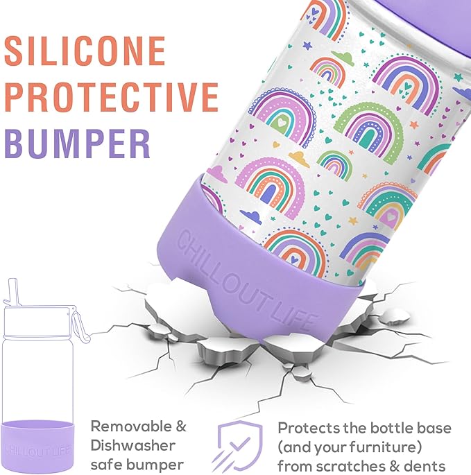 CHILLOUT LIFE 17 oz Kids Insulated Water Bottle for School with Straw Lid Leakproof and Cute Waterproof Stickers, Personalized Stainless Steel Thermos Flask Metal Water Bottle