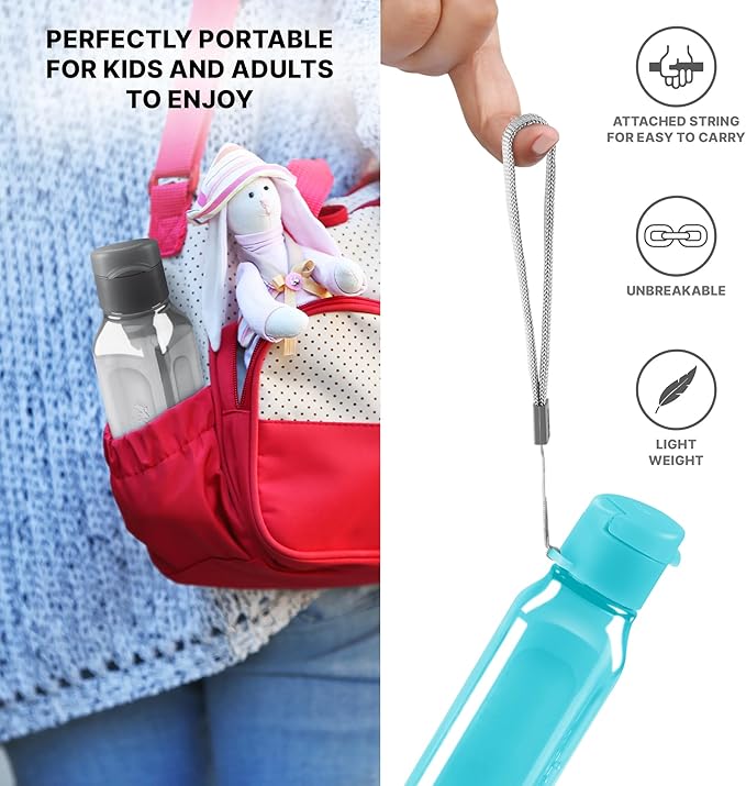 MILTON Bulk Water Bottles Set of 4 – 10 and 17oz Multicolor Bottles for Kids and Adults – Leak Proof with Carry Strap – Square Reusable Bottles for Juice, Drinks BPA-Free Dishwasher-Safe