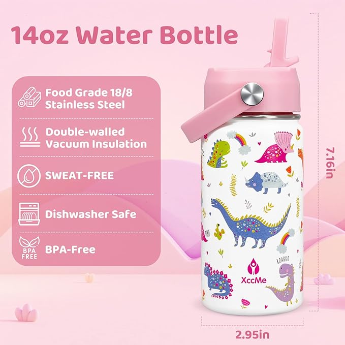Kids Water Bottle With Straw Lid,2PACK 14 oz Stainless Steel Travel Bottle,Double Wall Leak Proof Kids Cup,Insulated Tumbler for Toddlers,Metal Bottle for School Boys Girls(Rainbow+Dinosaur)