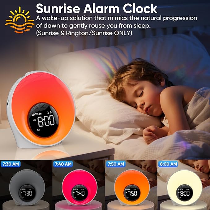 AFEXOA Wake Up Light Sunrise Alarm Clock - Sunrise Simulation & White Noise Machine with 30 Soothing Sounds, 14 Color Dimmable Night Light, Digital Dual Alarms for Heavy Sleepers/Adults/Kids(White)