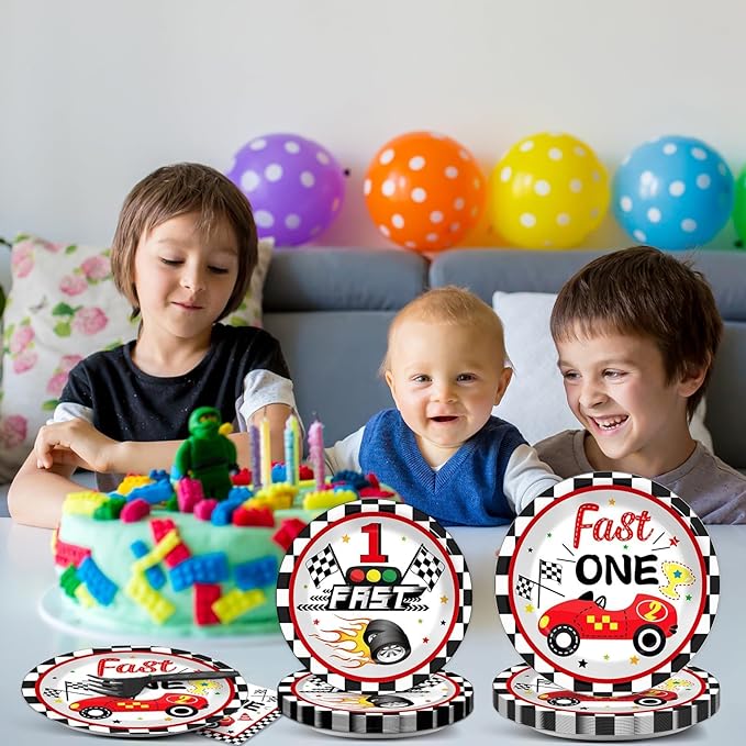 Fast One Birthday Decorations for Boys Racing Car 1st Birthday Party Supplies Fast One Plates Napkins Forks Checked Race Car Disposable Paper Plates Tableware Set for Kids Favors Serve 25