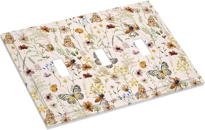 Vintage Butterflies Triple Toggle Wall Plates Colorful Wildflower 3 Gang Light Switch Cover Decorative Cute Bees Electrical Switchplate Faceplate Beige Flower Leaves Dimmer Decor for Bedroom Kidroom