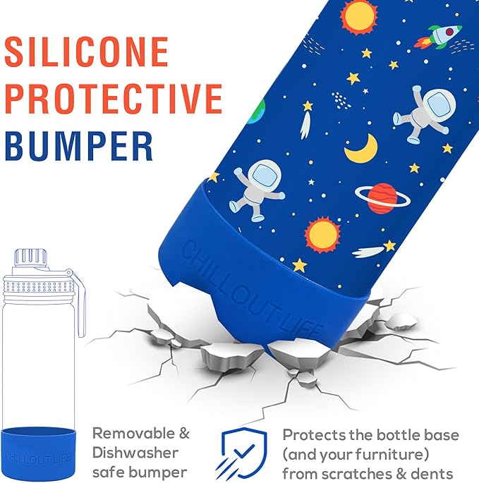 CHILLOUT LIFE 17 oz Kids Insulated Water Bottle for School with Leakproof Spout Lid and Cute Waterproof Stickers, Personalized Stainless Steel Thermos Flask Metal Water Bottle, Blue Space
