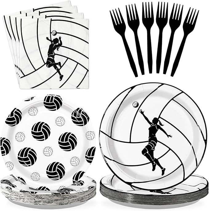 Grencian 96Pcs Volleyball Party Decorations Volleyball Paper Plates and Napkins Sports Theme Disposable Tableware for Girls Birthday Party Supplies Serves 24