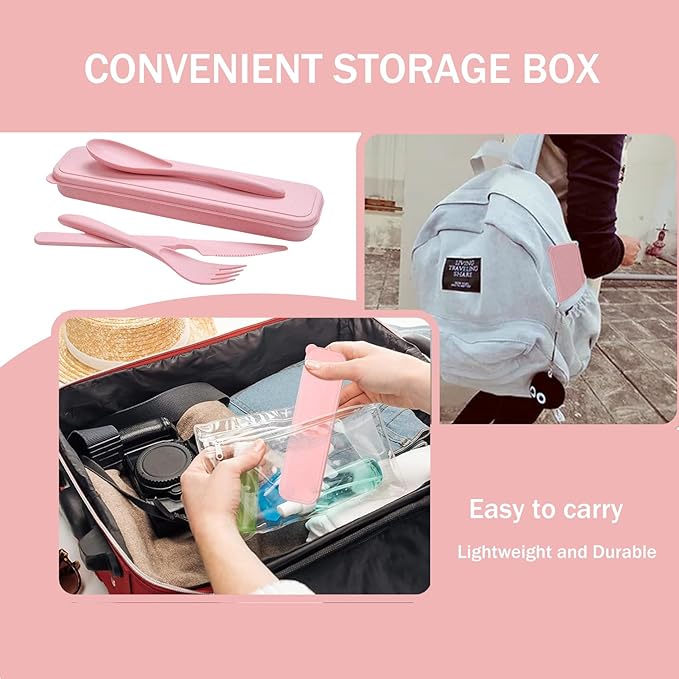 4 Sets Wheat Straw Utensils Reusable Travel Utensils Set,Portable Cutlery Set with Case Spoon Knife Fork Tableware Lunch Box Bulk for Adults Travel Picnic Camping Utensils Gifts (Pink)