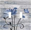Blue White Daisy Flower Butterfly Rustic Wood Board Decorative Switch Plates 2 Gang Double Toggle Outlet Light Switch Cover Wall Plate Electrical Faceplate for Farmhouse Bedroom Decor