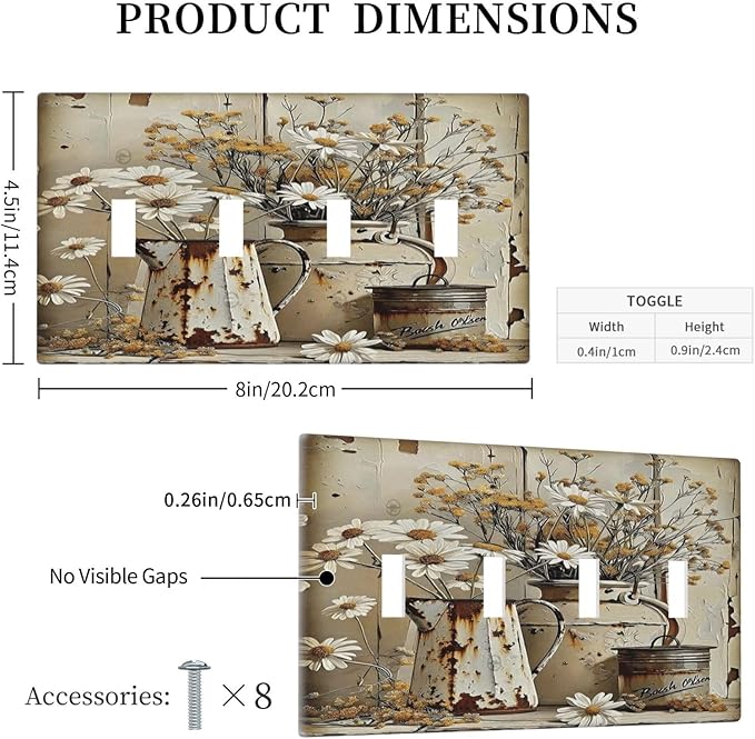 Rustic Flowers Daisy Floral White Wooden Planks Light Switch Covers Quad Toggle Electrical Faceplate 4 Gang Wall Plate Decorative Switch Plates for Farmhouse Home Decor