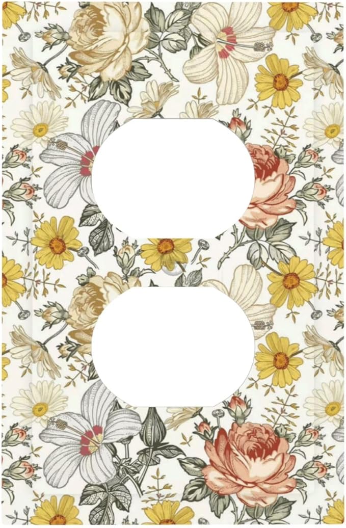 Multicolor Peony Daisy Vintage Floral Flower Outlet Covers 1 Gang Duplex Light Switch Cover Decorative Switch Plates Electrical Receptacle Faceplate Wall Plate for Bedroom Living Room Decor
