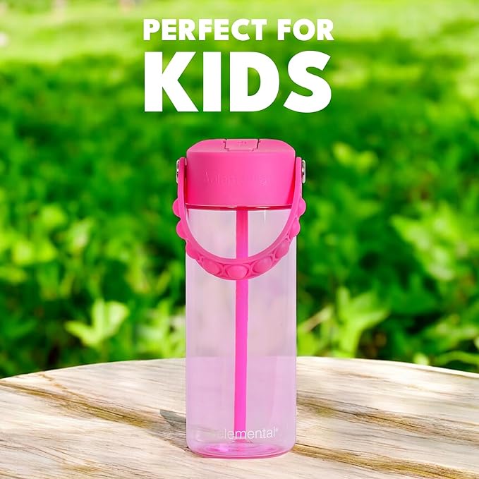 Elemental Water Bottles for Kids - Splash Kids Water Bottle for School with Pop-it Handle - BPA Free Tritan Plastic Water Bottle with Straw Leak Proof when Spout is Closed - Hot Pink - 18oz