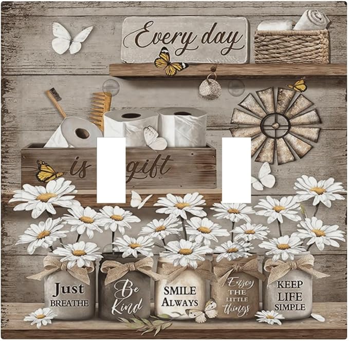 Rustic Daisy Flower Butterfly Inspirational Cottage Decorative Switch Plates 2 Gang Double Toggle Outlet Light Switch Cover Wall Plate Electrical Faceplate for Farmhouse Bedroom Decor