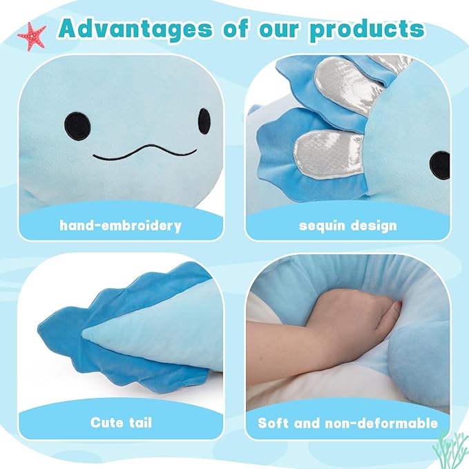 BENINY Large Blue Axolotl Plush Toy, 39" Giant Axolotl Stuffed Animal Plush, Big Toys Gift for Girls Kids, Long Squishy Pillow for Holiday Birthday Christmas