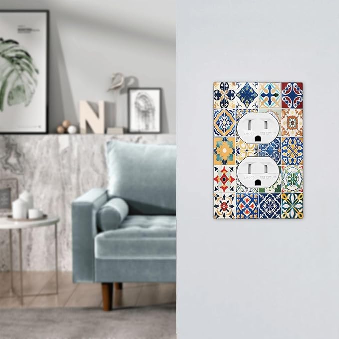 Outlet Covers Moroccan Traditional Mexican Talavera Til 1 Gang Duplex Light Switch Cover Decorative Switch Plates Electrical Receptacle Faceplate Wall Plate for Kitchen Home Decor