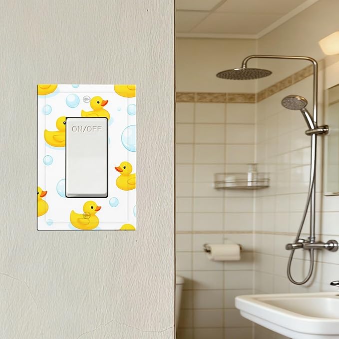Cheerful Rubber Ducks & Bubbles Bath Time Single Rocker Switch Cover - 1-Gang Standard US Size Bathroom Funny Duck Light Switch Covers for Boys & Girls Bathroom Decor