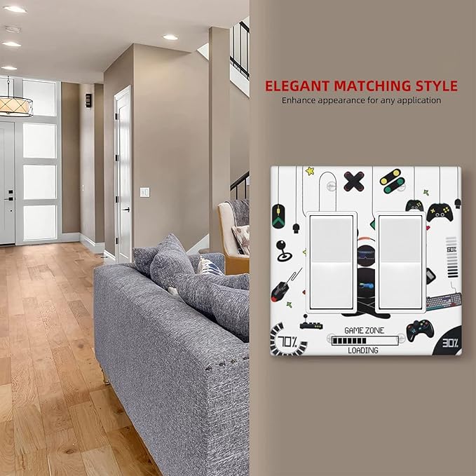 Double Rocker Wall Plate Gamer Room Video Game Decor Light Switch Cover 2 Gang Decorative Gfci Electrical Switchplate Home for Bathroom Bedroom Kitchen Decor 4.6"X4.5"