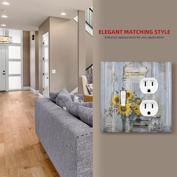 Rustic Sunflower Floral Vintage Wood Board Wallplates 1 Toggle 1 Duplex Switch Plate Electrical GFCI Faceplate Decorative Light Switch Covers for Farmhouse Home Decor