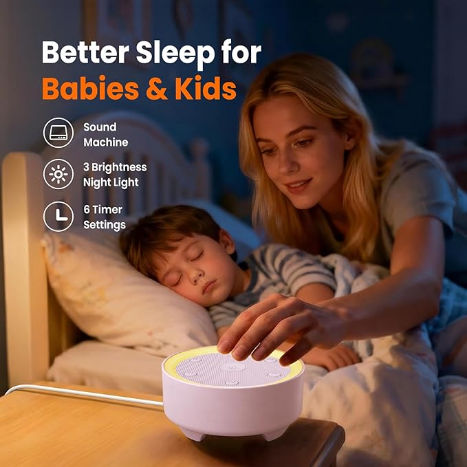Kipcush Baby & Kids White Noise Sound Machine w/Night Light, 21 Non-Looping Sounds, 6 Timers (15-120 min & 8H), Memory, USB Powered for Nursery, Home & Travel