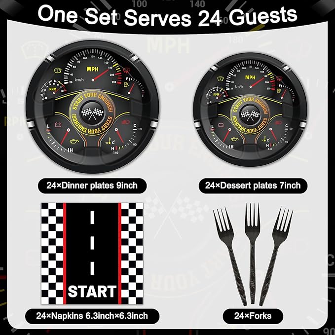 96Pcs Race Car Party Plates and Napkins for Baby Shower Birthday Decorations Supplies Racing Themed Paper Dessert Plates Start Your Engines Tableware Set for Kids Boys 24 Guests Party Decorations