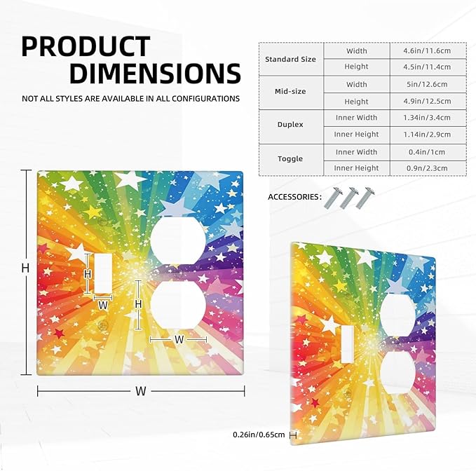 Light Switch Cover Plate Rainbowcolored Rays With White Stars 2 Gang Decorative Switch Plates 1 Toggle Duplex Combo Outlet Covers GFCI Wall Plates for Nursery Home Decor